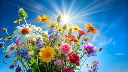 A vibrant bouquet of wildflowers reaches towards the sun, their petals unfurling in a symphony of colors against a brilliant blue sky.