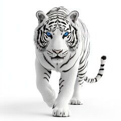 Fototapeta premium A realistic depiction of a white tiger with striking blue eyes, walking forward.
