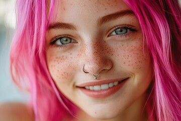 Vibrant Confidence: The Charm of a Happy Teen with Pink Hair and a Nose Piercing, generative ai