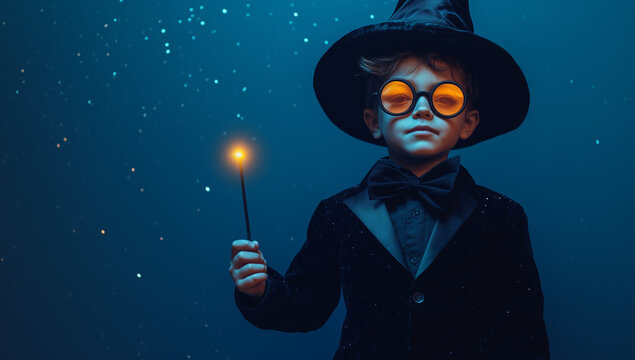 A little boy dressed as a young wizard holding a magic wand