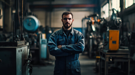 Fototapeta premium A focused worker stands confidently in an industrial workshop surrounded by machines during daylight hours