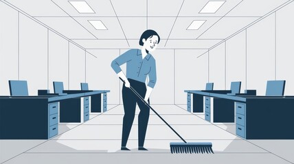 Cleaner sweeping the office floor in a modern workspace illustration