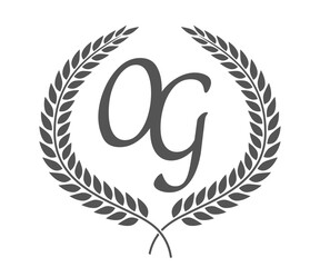 Initial letter O and G, OG monogram logo design with laurel wreath. Luxury calligraphy font.
