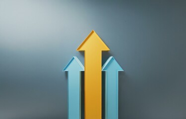 Three arrows point upwards on a grey background, the center arrow is yellow, and the two outer arrows are blue.