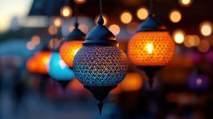 Ornate Moroccan-style lanterns illuminating a cozy atmosphere
