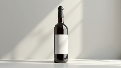 Mockup of wine bottle with blank label on table and soft shadows with copy space