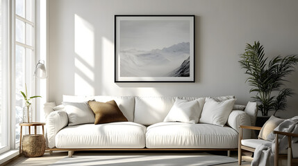 A white couch sits in a living room with a large picture frame on the wall