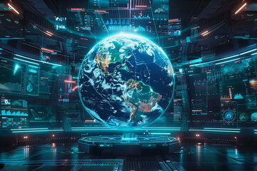 A futuristic control room featuring a large, detailed holographic display of Earth surrounded by high-tech data monitors