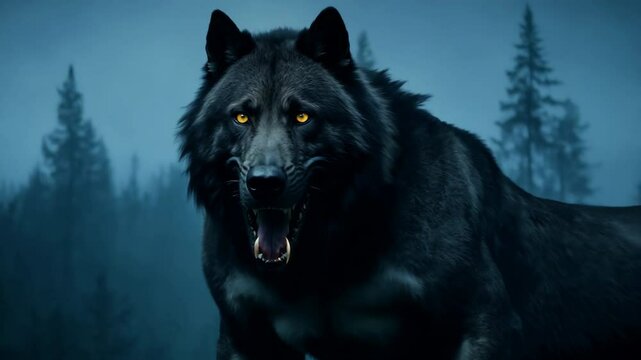 Big scary black werewolf. Huge frightening evil wolf in dark gloomy misty forest background. Wild and mysterious atmosphere. Dark creature grim in wood. Night horror.