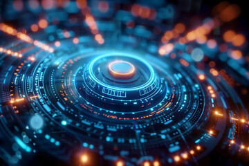 Futuristic Digital Interface with Glowing Blue Circuits and Central Holographic Element