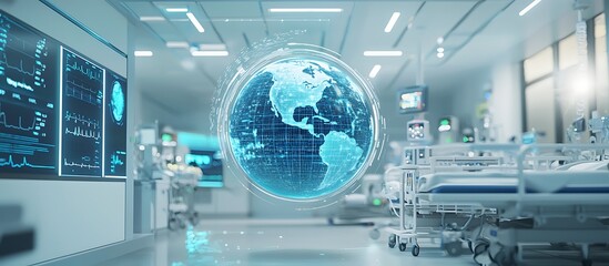 Digital globe in ICU 3D render highlights worldwide advancements in healthcare.