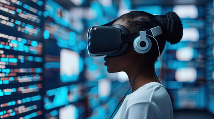 Immersed in technology, African woman uses VR headset to explore digital landscapes, showcasing intersection of culture and innovation in vibrant environment
