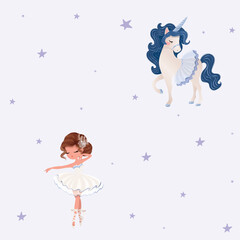 Pretty ballerina and ballerina unicorn vector illustration, seamless pattern design, pattern designed for kids products, wallpapers fabrics.