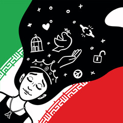 Hand-drawn vector of an Iranian girl with open hair lying on the flag, dreaming of freedom, equality, and women’s rights. Perfect for projects on social justice, human rights, and cultural awareness.