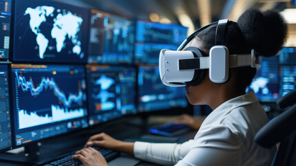 Innovative African woman using virtual reality technology while analyzing data on multiple screens, showcasing intersection of technology and finance