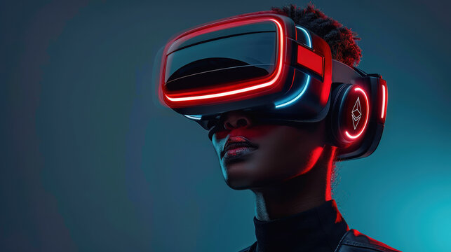 Immersed in technology, woman wears futuristic virtual reality headset with glowing accents, showcasing intersection of innovation and creativity