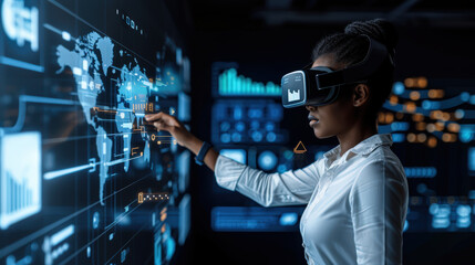 Immersed in technology, woman uses virtual reality headset to interact with digital world map, showcasing integration of immersive experiences and data visualization