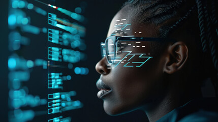 Innovative African woman analyzing virtual blockchain technology with digital data displayed. Her focused expression reflects determination and intelligence in modern tech environment