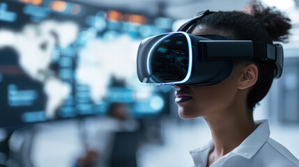 Immersed in technology, woman wears virtual reality headset, exploring digital landscapes and data visualizations. Her focused expression reflects excitement of innovation