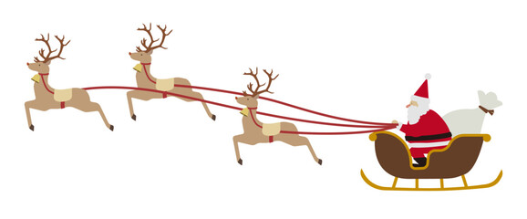 ソリをひくサンタクロースとトナカイのイラスト © fukufuku