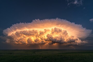 A brilliantly illuminated anvil cloud looms over a vast field while bright lightning strikes pierce the sky, showcasing nature's power, drama, and transient beauty.