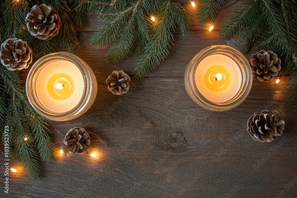 Poster an inviting scene of two candles paired with pinecones and pine branches, softly illuminated to crea