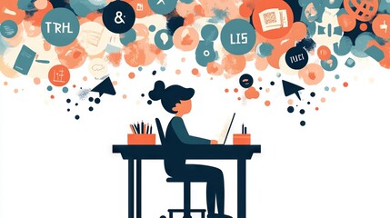 A person sitting at a desk, contemplating 'truth' and 'lies' icons, symbolizing media literacy and critical thinking