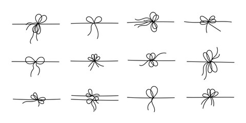 Black line style gift ribbon bows set isolated on white background. Doodle line style gift box ribbon bows in a thin, simple, minimal hand drawn design for elegant festive present decoration.