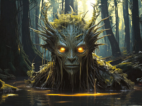 Ancient tree elf murky lagoon enchanted forest fantasy art