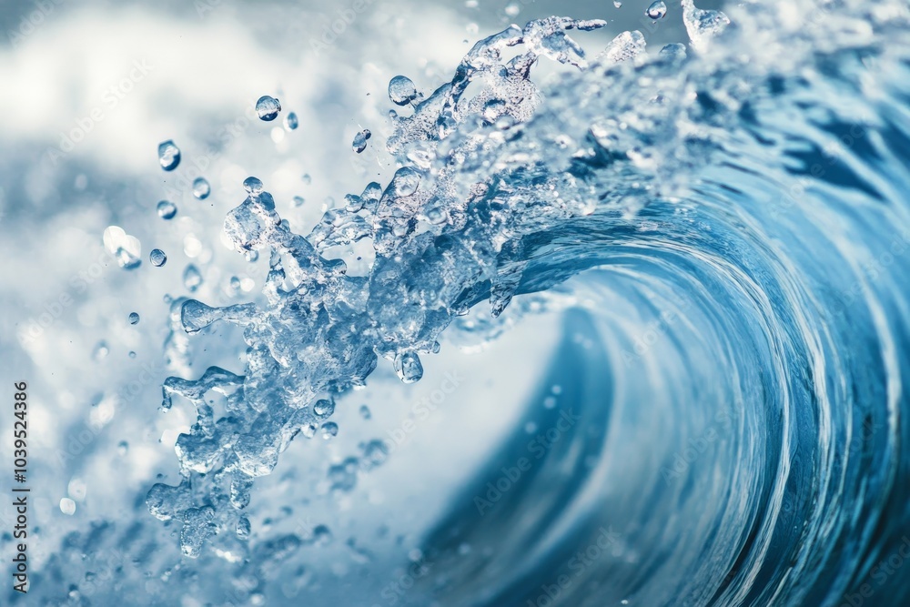 Poster A close-up shot capturing the dynamic motion of a powerful ocean wave, highlighting detailed splashes and the vivid blue color of the rushing water.