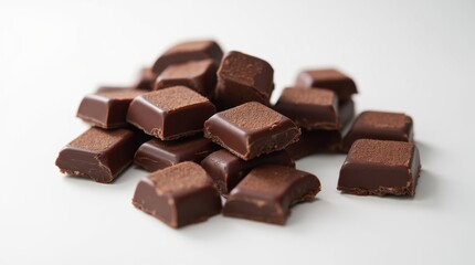A rich dark chocolate bar broken into pieces, elegantly arranged on a plain white surface. The glossy texture of the chocolate glistens under soft lighting.