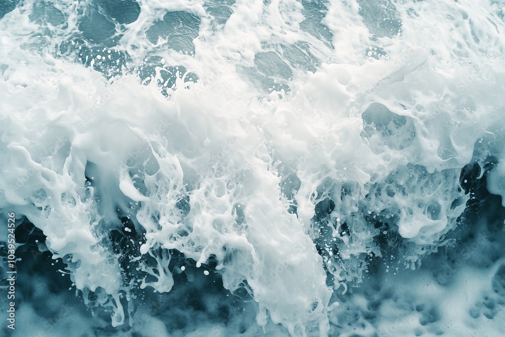Poster a magnificent ocean wave surging forward with powerful splashes and a trail of white spray, demonstr