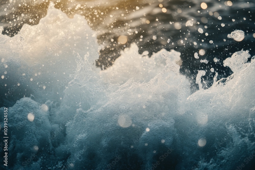Poster sunlight illuminates a vibrant ocean wave splash, showcasing the interplay of light and water, with 