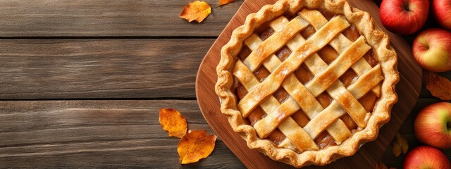 Freshly Baked Lattice Apple Pie on Rustic Wood Table with Colorful Autumn Leaves