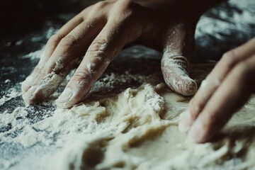 Fototapeta premium Fingers press into the soft dough on a floured surface, highlighting the intricate tactile skills and attention required to achieve the perfect bread texture.