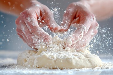 Fototapeta premium Delicate hands sifting flour onto dough, capturing the gentle precision and love involved in baking, blending a tactile experience with culinary artistry.