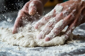 Fototapeta premium An image capturing the moment as fingers spread dough on a counter, embodying the focus and skill required in the delicate art of bread preparation.