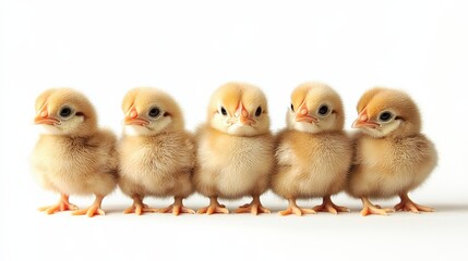 Fototapeta premium Adorable Group of Fluffy Baby Chicks Standing in a Row on White Background