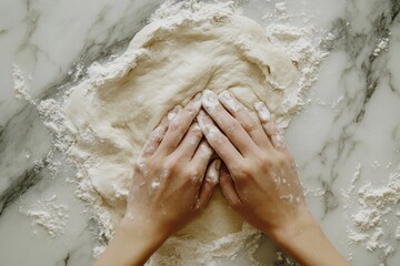 Fototapeta premium Hands skillfully knead flour dough on a marble kitchen surface, capturing the art of baking, the tactile nature of cooking, and the quiet joy of culinary creation.