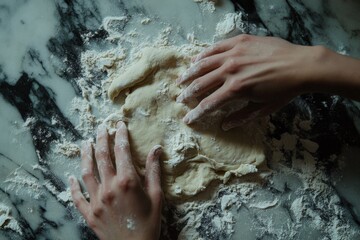 Fototapeta premium Two hands work skillfully to shape dough on a marble countertop. This image captures an intimate moment of culinary creativity and traditional baking techniques.