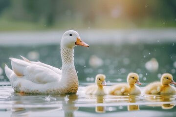 Obraz premium Mallard Duck Family Swimming in Tranquil Pond with Autumn Colors