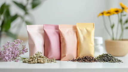 Obraz premium Torebki wypełnione ziołami. co pozwala skupić się na naturalnych produktach. Każdy element sugeruje holistyczne podejście do pielęgnacji, łącząc nowoczesność z naturą.