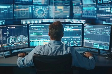 Male technical controller working at his workplace with multiple displays