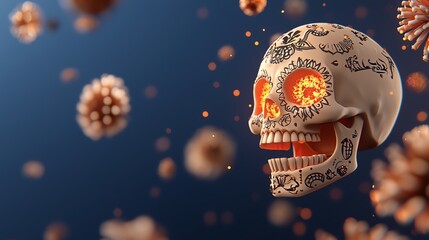 Naklejka premium Colorful sugar skull glowing in the dark, neon yellow and orange with detailed patterns