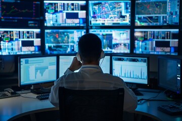 Naklejka premium Male technical controller working at his workplace with multiple displays