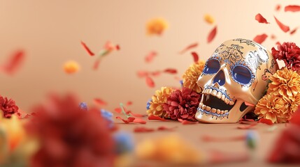 Fototapeta premium Glowing sugar skull with neon marigolds, radiant yellow and red, festive Day of the Dead