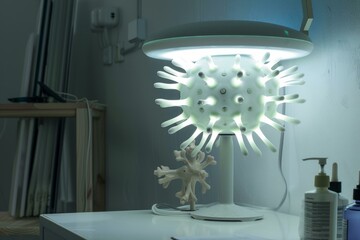 Medical office desk at night illuminated by a lamp shaped like the coronavirus with medical supplies nearby