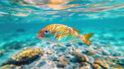 Naklejka premium A colorful fish swims in the clear blue water. AI.