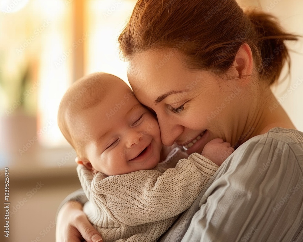 Poster A mother cradles her baby, both smiling. AI.