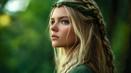 Naklejka premium A woman gazes into the distance, her long golden braids framing a face that's lost in thought Trees loom large behind her